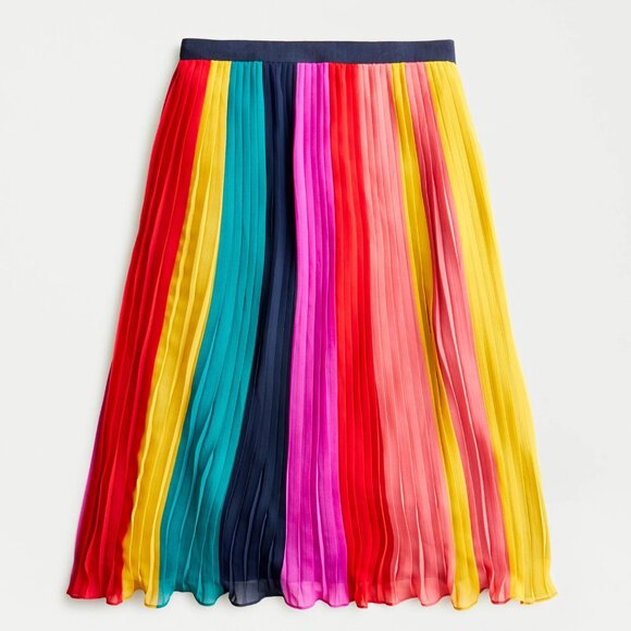 NWT J.Crew Sunburst Pleated Midi in Rainbow Colorblock Stripe A-line Skirt 2 - Picture 1 of 8